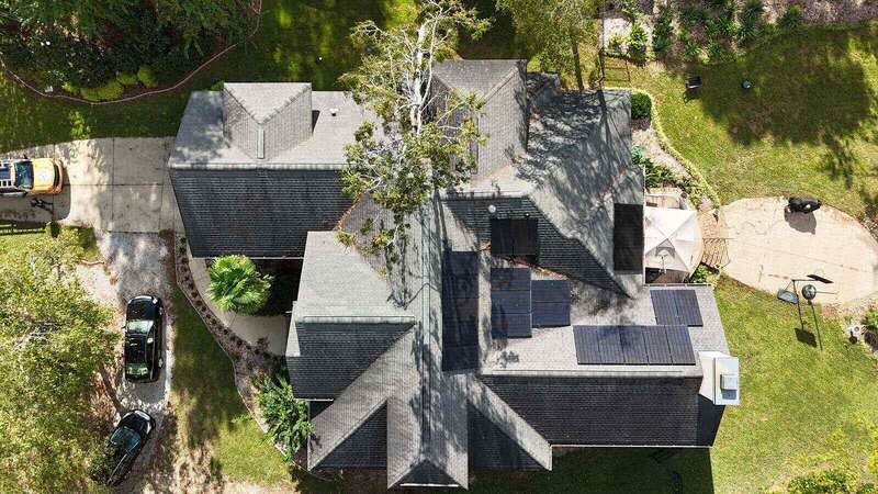 Aerial view of a repaired and restored roof following an insurance claim in the Midlands